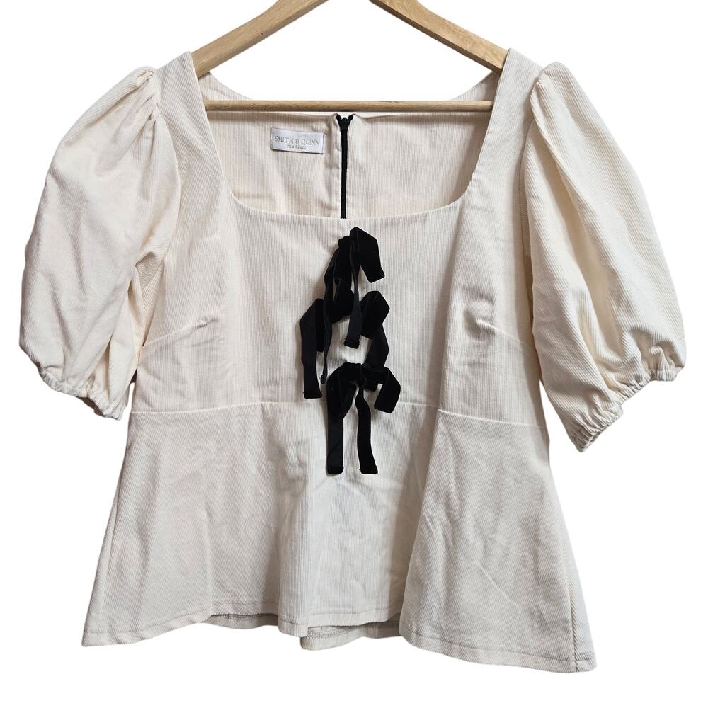 Smith & Quinn Womens Cottage Feminine Romantic Corduroy Puff Sleeve Bow Top M